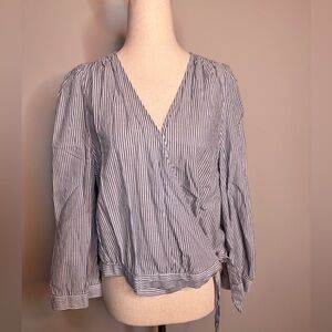 Sz XL Madewell wrap blouse long sleeve blue white stripe nautical preppy
